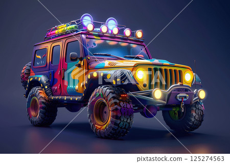 Beautiful colorful fictional cartoon car with pronounced headlights, abstract vivid composition consists of fictional unreal fantastic vision on background 125274563