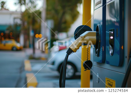 Power source for charging battery of beautiful hybrid electric car on road, abstract vivid composition consists of fictional unreal fantastic vision on background Power source for charging battery of beautiful hybrid electric car on road, abstract vivid composition consists of fictional unreal fantastic vision on background 125274584