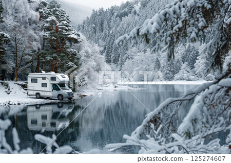 Holiday trip on large family motorhome for holiday in beautiful natural nature, abstract vivid composition consists of fictional unreal fantastic vision on background 125274607