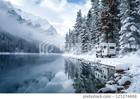 Holiday trip on large family motorhome for holiday in beautiful natural nature, abstract vivid composition consists of fictional unreal fantastic vision on background 125274608