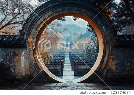 Round gate leading to a series of similar gates in a serene outdoor environment 125274684