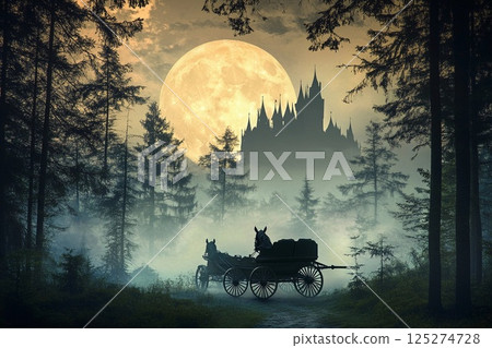 Misty forest journey with horse-drawn carriage under a full moon 125274728