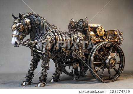 Intricate steampunk horse-drawn carriage showcasing unique mechanical design and vintage aesthetics in a dimly lit environment 125274739
