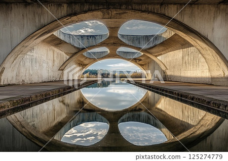 Vaulted bridge structure creates stunning mirror reflection beneath in calm water during early morning light 125274779