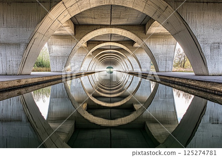 Vaulted bridge structure creates stunning mirror reflection beneath in calm water during early morning light 125274781