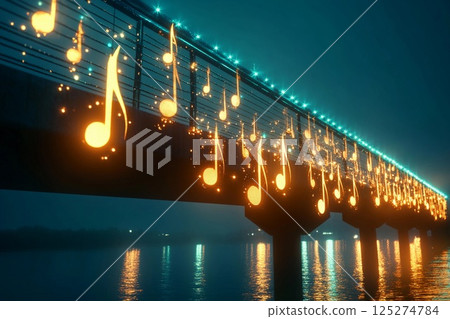 Musical bridge illuminated with shining notes creating a harmonious atmosphere at night Musical bridge illuminated with shining notes creating a harmonious atmosphere at night 125274784
