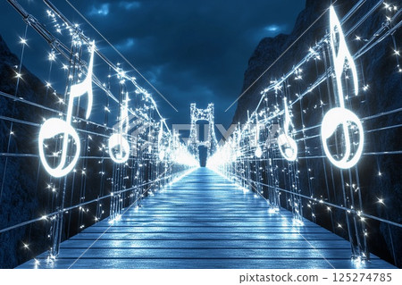 Musical bridge illuminated with shining notes creating a harmonious atmosphere at night 125274785