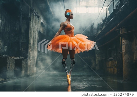 Ballerina in an orange tutu performs gracefully with prosthetic legs at a dance studio during a dramatic lighting setup Ballerina in an orange tutu performs gracefully with prosthetic legs at a dance studio during a dramatic lighting setup 125274879