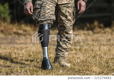 Military personnel walks confidently on grass with a prosthetic leg during a sunny afternoon outside 125274883