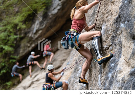 Woman with prosthetic leg demonstrates strength and resilience while rock climbing with a group in a natural setting Woman with prosthetic leg demonstrates strength and resilience while rock climbing with a group in a natural setting 125274885