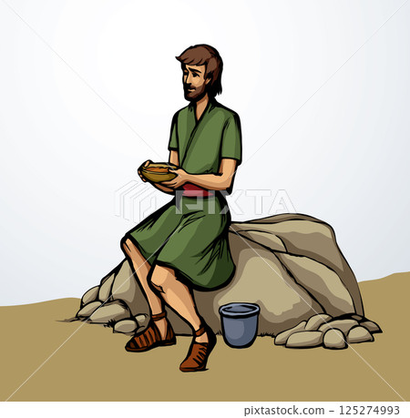 Vector drawing. An ancient man sits on a stone with a bowl 125274993