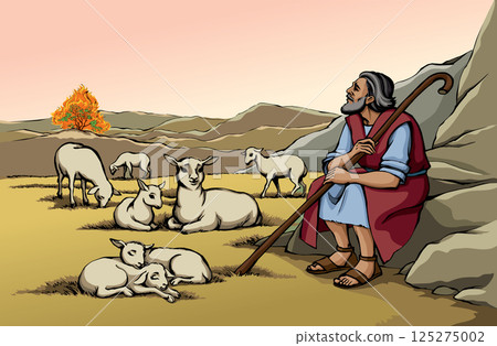 Vector drawing. Shepherd with sheep. Moses look at flaming bush Vector drawing. Shepherd with sheep. Moses look at flaming bush 125275002