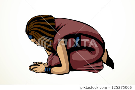 Vector drawing. Egyptian girl bow in praying Vector drawing. Egyptian girl bow in praying 125275006