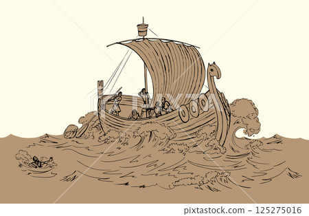 Vector drawing. Sailors on a ship in a storm 125275016