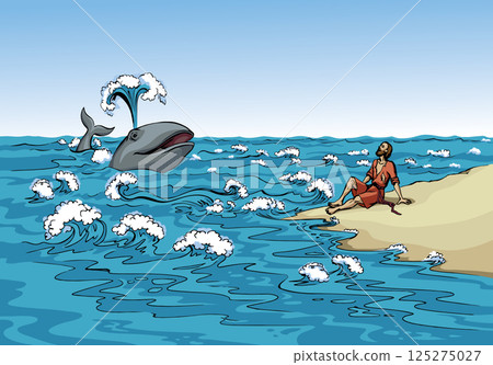 Vector drawing. A man on the shore after a shipwreck Vector drawing. A man on the shore after a shipwreck 125275027