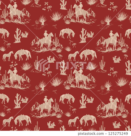 Cute Rodeo Cowboys seamless pattern. desert landscape with cacti repeating background. Wild West surface pattern design for All fabric and Prints 125275249