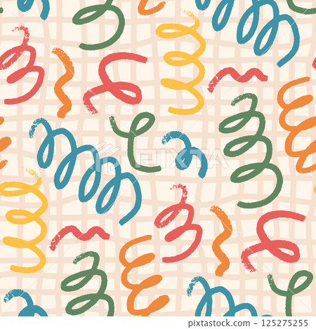 Crayon confetti seamless pattern. Hand drawn children picnic party endless background. Fun kids party repeat cover. Surface pattern design festive motif. Vector birthday illustration 125275255