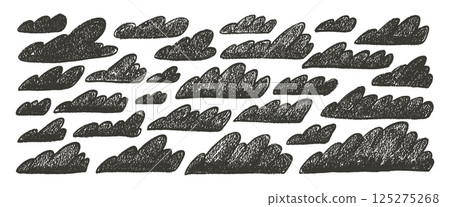 Charcoal silhouette clouds set. Naive hand drawn sky pack. Kids chalk textured elements. Pastel scribble cloudy weather speech bubbles. Vector pencil drawn illustration isolated on white background 125275268
