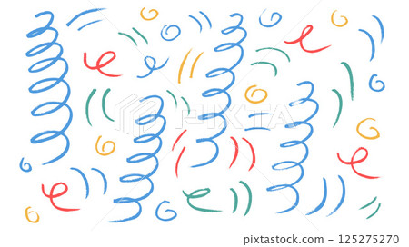 Colorful dryed marker squiggles lines. Hand drawn kids party celebration confetti. Brush stroke linear pen elements set isolated on white background. Scribble birthday decoration 125275270