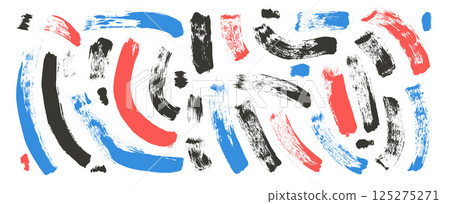 Curved underlines set. Paintbrush linear scribble elements set isolated on white background. Scribble decoration. Blue, red and black thick grunge curved stripes isolated on white background 125275271