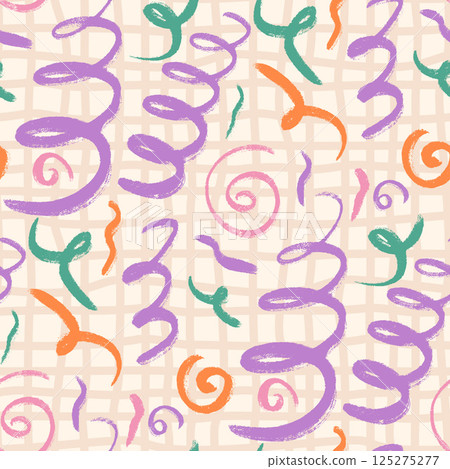 Crayon confetti seamless pattern. Hand drawn childish party endless background. Fun kids party repeat cover. Surface pattern design festive anniversary motif. Vector hand drawn birthday illustration Crayon confetti seamless pattern. Hand drawn childish party endless background. Fun kids party repeat cover. Surface pattern design festive anniversary motif. Vector hand drawn birthday illustration 125275277