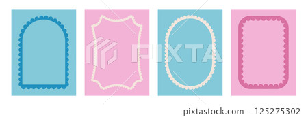 Geometric scallop frames invitation templates set. Wavy edges rectangles, ovals and arch forms doodle. Wave groovy borders elements. Vector serrated squiggles decoration illustration 125275302