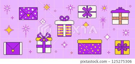 Gift boxes and party sparkles set pixel art style. 8 bit birthday presents. Y2k giftbox in retro 90s style. Prize with bow vector collection illustration. Surprise packages with festive ribbons 125275306