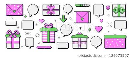 Gift boxes and speech bubbles set pixel art style. 8 bit birthday presents. Giftbox in retro 90s style. Prize with bow vector illustration on white background. Surprise packages with festive ribbons Gift boxes and speech bubbles set pixel art style. 8 bit birthday presents. Giftbox in retro 90s style. Prize with bow vector illustration on white background. Surprise packages with festive ribbons 125275307