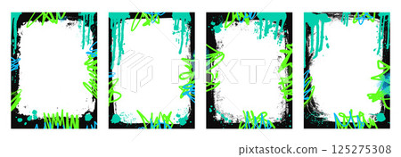 Grunge background frames set. Border templates with graffiti airbrush lines stroke and splashes. Acid paint frames decoration design. Retro texture poster mockup overlay. Vector illustration 125275308