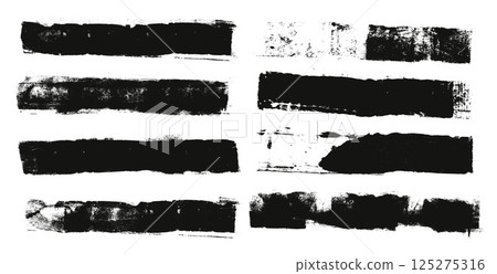 Linocut straight texture lines. Ink roller long stripes background. Grunge letterpress rectangles. Dry black brayer stroke isolated on white background. Vector lino abstract illustration 125275316