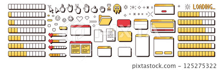 Pixel art windows interface vintage. 8 bit browser and menu elements with cursors and loading bar. Pixel screens 90s style. Ui message frames figures. Vector set isolated illustration 125275322