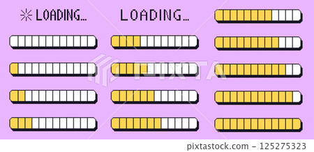Pixel art loading bar interface. 8 bit game progress button elements set and text. Waiting signs in retro 80s style. Vector illustration life indicator Pixel art loading bar interface. 8 bit game progress button elements set and text. Waiting signs in retro 80s style. Vector illustration life indicator 125275323