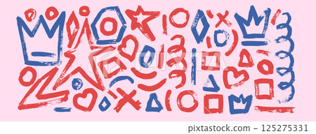 Graffiti girly art elements with brush stroke texture. Hand drawn blue and red ink crown, star, heart and geometric urban street style shapes on lilac background. Circle, hexagon abstract figures Graffiti girly art elements with brush stroke texture. Hand drawn blue and red ink crown, star, heart and geometric urban street style shapes on lilac background. Circle, hexagon abstract figures 125275331