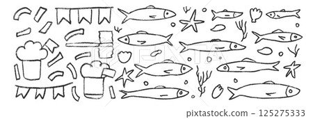 Sardines line doodle set. Santos populares festival set. Manjerico, fishes hand drawn scribble. Vector illustration on white background. Portugal traditional party elements 125275333