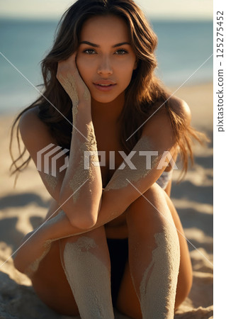 Beautiful body girl on beach. happy young woman in sand 125275452