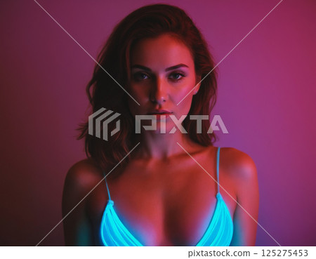beautiful young woman in red lights and neon underwear. pretty Brunette girl in luminous bra 125275453