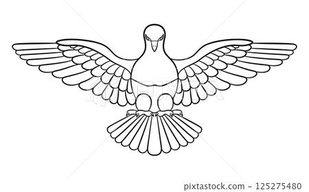 Holy spirit, or Holy Ghost as a dove. Third divine Person of the Trinity, a triune god manifested as God the Father, the Son, and the Holy Spirit, each being God. Isolated black and white illustration 125275480