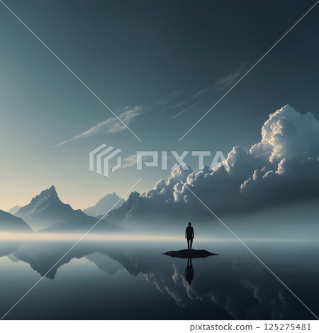 man standing on a small island in the middle of the water man standing on a small island in the middle of the water 125275481