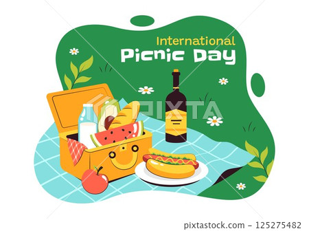 International Picnic Day Vector Illustration Featuring a Family with Table and Food Basket Enjoying a Pleasant Summer Day in the Park in a Background International Picnic Day Vector Illustration Featuring a Family with Table and Food Basket Enjoying a Pleasant Summer Day in the Park in a Background 125275482