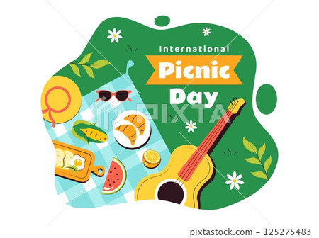 International Picnic Day Vector Illustration Featuring a Family with Table and Food Basket Enjoying a Pleasant Summer Day in the Park in a Background International Picnic Day Vector Illustration Featuring a Family with Table and Food Basket Enjoying a Pleasant Summer Day in the Park in a Background 125275483