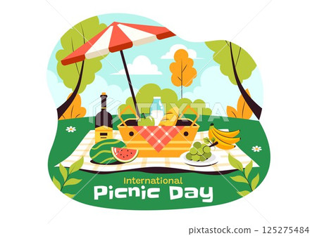 International Picnic Day Vector Illustration Featuring a Family with Table and Food Basket Enjoying a Pleasant Summer Day in the Park in a Background International Picnic Day Vector Illustration Featuring a Family with Table and Food Basket Enjoying a Pleasant Summer Day in the Park in a Background 125275484