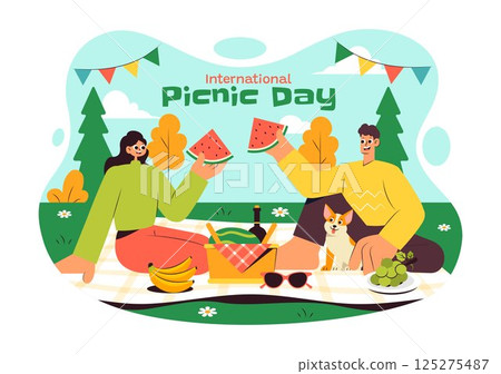 International Picnic Day Vector Illustration Featuring a Family with Table and Food Basket Enjoying a Pleasant Summer Day in the Park in a Background 125275487