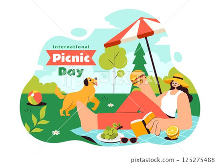 International Picnic Day Vector Illustration Featuring a Family with Table and Food Basket Enjoying a Pleasant Summer Day in the Park in a Background 125275488