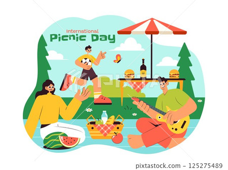 International Picnic Day Vector Illustration Featuring a Family with Table and Food Basket Enjoying a Pleasant Summer Day in the Park in a Background 125275489