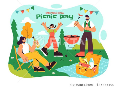 International Picnic Day Vector Illustration Featuring a Family with Table and Food Basket Enjoying a Pleasant Summer Day in the Park in a Background International Picnic Day Vector Illustration Featuring a Family with Table and Food Basket Enjoying a Pleasant Summer Day in the Park in a Background 125275490