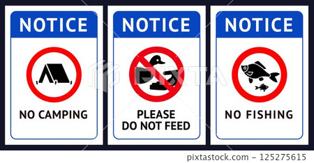 Label No camping, No fishing, Do not feed birds 125275615