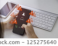 Warning against phone scams, It highlights the need to be wary of unknown callers and suspicious messages. Emergency warning alert alarm on Smartphone, Technological vulnerability. 125275640