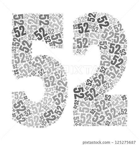 Grayscale word cloud forming the number 52, with repeated text in various sizes. Grayscale word cloud forming the number 52, with repeated text in various sizes. 125275687