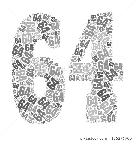 Grayscale word cloud forming the number 64, with repeated text in various sizes. Grayscale word cloud forming the number 64, with repeated text in various sizes. 125275700