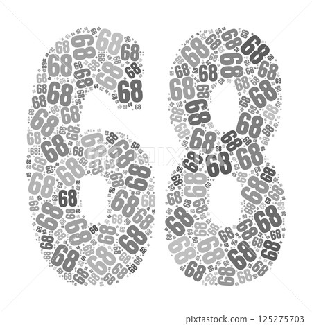 Grayscale word cloud forming the number 68, with repeated text in various sizes. 125275703